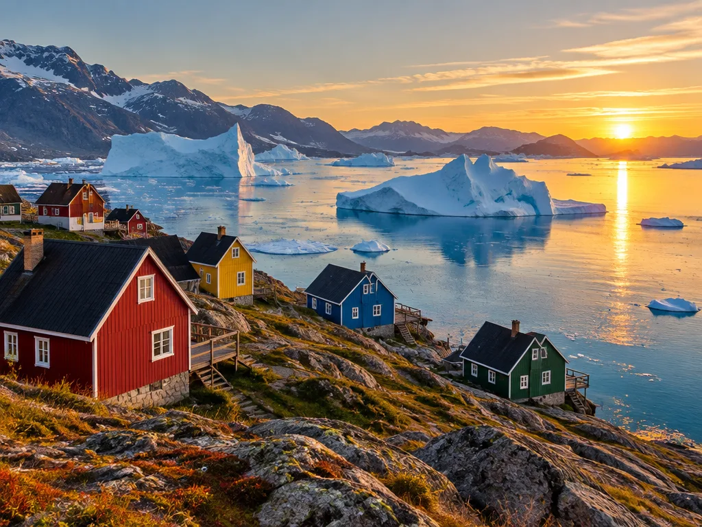 Färgglada trähus på en klippig kust vid en fjord full av isberg i midnattssolens ljus på Grönland