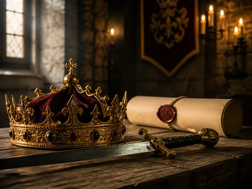 Kungakrona, svärd och sigillerat dokument på ett bord i en stenslottssal, symbol för Gustav Vasas kungamakt