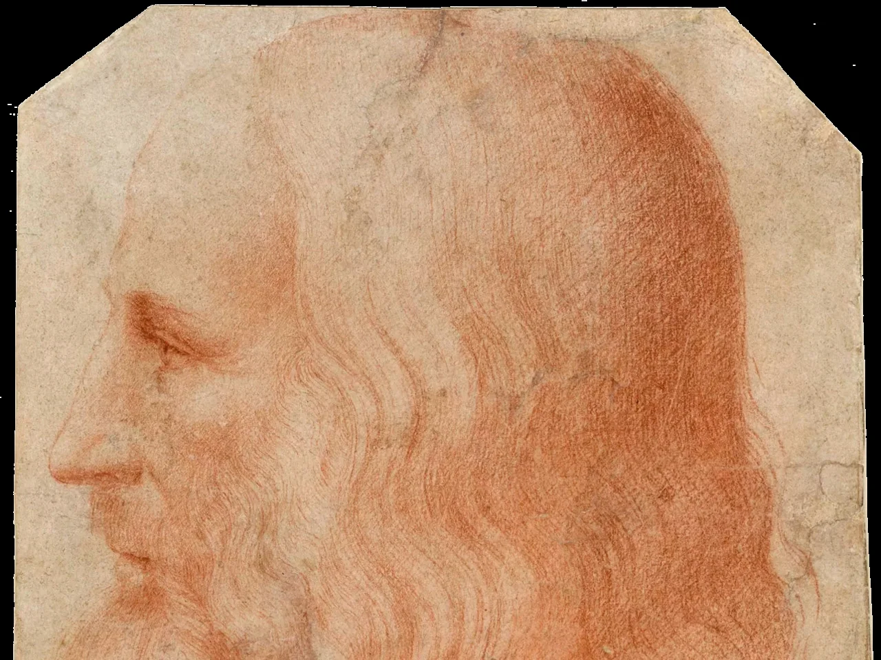 Leonardo da Vinci i profil med långt hår och skägg, rödkritsteckning tillskriven hans elev Francesco Melzi