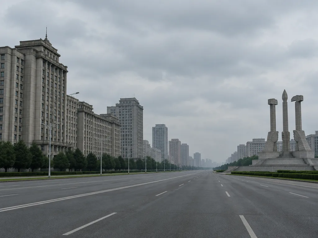 Bred och nästan tom paradgata kantad av monumentala bostadshus och ett stort stenmonument under grå himmel, i stil med Pyongyang